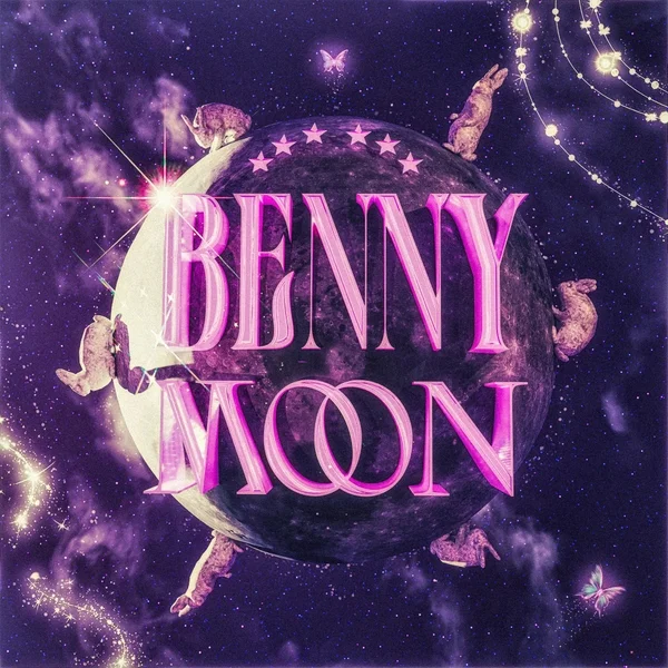 紫色の宇宙空間に「BENNY MOON」の文字と月、うさぎが描かれた幻想的な画像