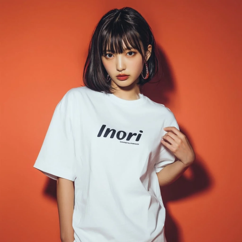 Inori Tシャツを着た女性モデル