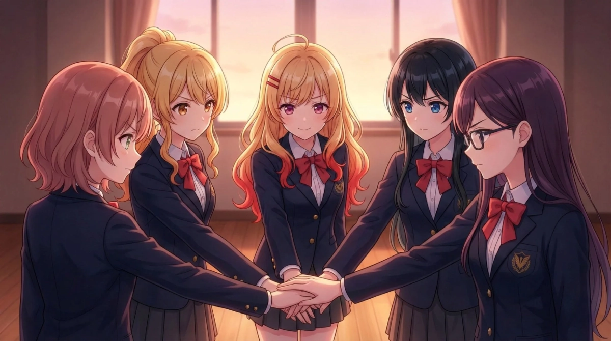 5人の女子高生が円陣を組むイラスト