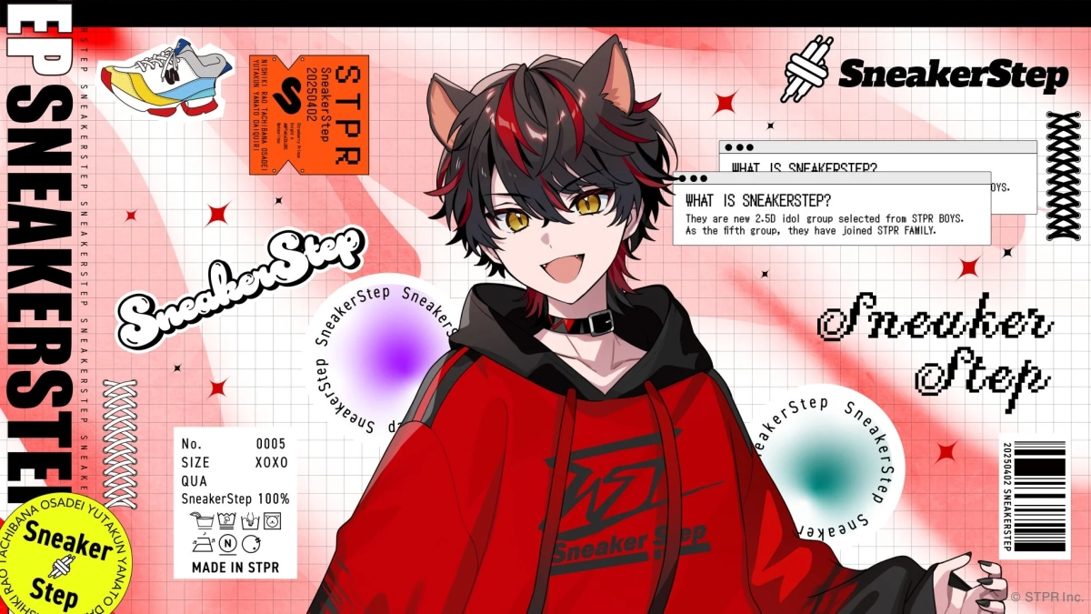 赤いパーカーと猫耳が特徴の男性キャラクターが描かれた、新2.5次元アイドルグループ「SneakerStep」のプロモーションアート。