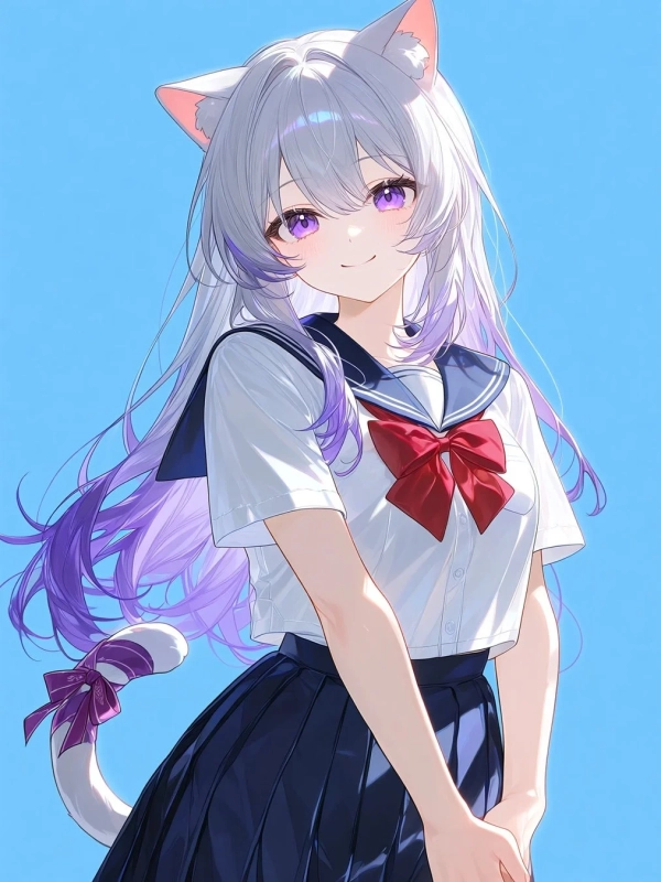 青い空を背景に、猫耳と尻尾を持つアニメスタイルの少女が、セーラー服を着て優しい笑顔を見せているイラスト。白い髪と紫色の瞳が特徴的です。