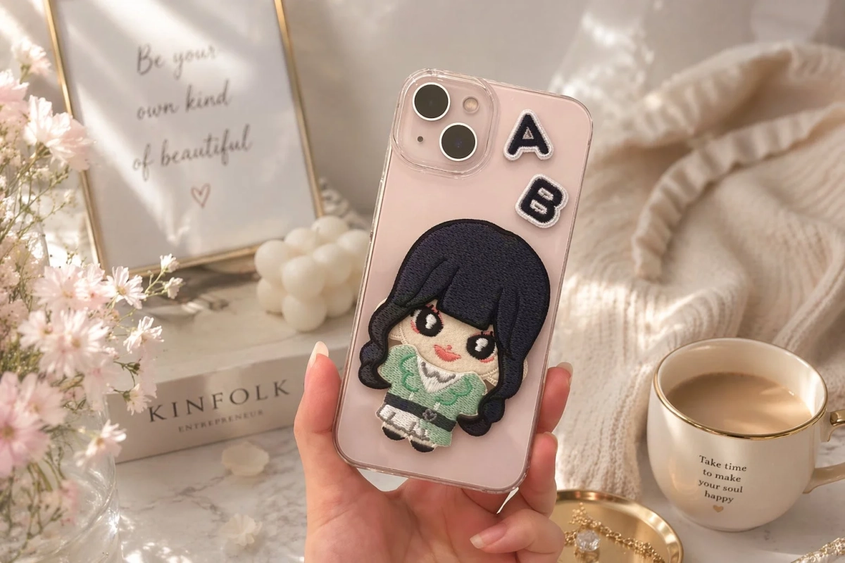 手に持たれたピンクのiPhoneケースには、刺繍されたキュートなキャラクターとアルファベットがデザインされている