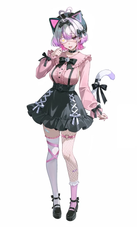 猫耳と猫しっぽを持つ、ピンクと黒のゴスロリ風衣装のアニメ少女。ハートの眼帯とツートンカラーの髪が特徴で、可愛らしくも個性的な雰囲気を醸し出しているイラスト。