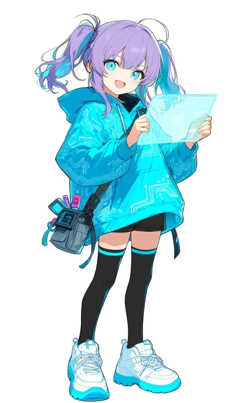 紫色のツインテールと青い瞳が特徴のアニメ風の少女が、未来的なホログラムタブレットを操作しているイラスト。回路基板のような模様の青いパーカーを着ており、テクノロジーとデジタル感を表現した、明るく活発なキャラクターデザインです。