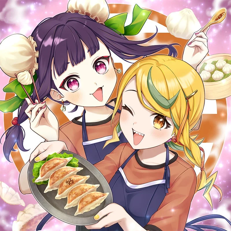 エプロンを着た2人のアニメの女の子が中華料理を楽しむイラスト