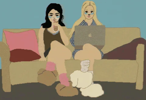 ソファでくつろぐ二人の女性のイラスト