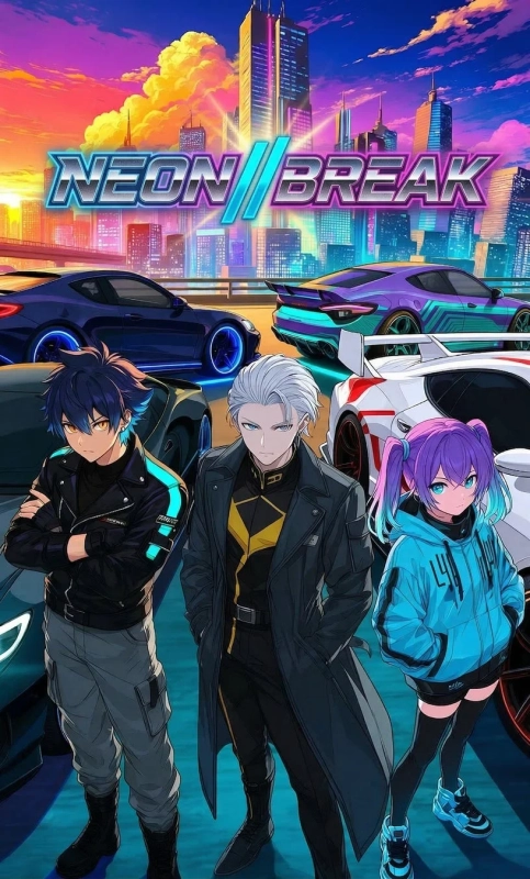 ネオン輝く未来都市を背景に、3人のアニメキャラクターとスポーツカーが描かれたイラストです。サイバーパンクな雰囲気と夕焼けのコントラストが印象的で、ゲームやレーシングの世界観を想起させます。