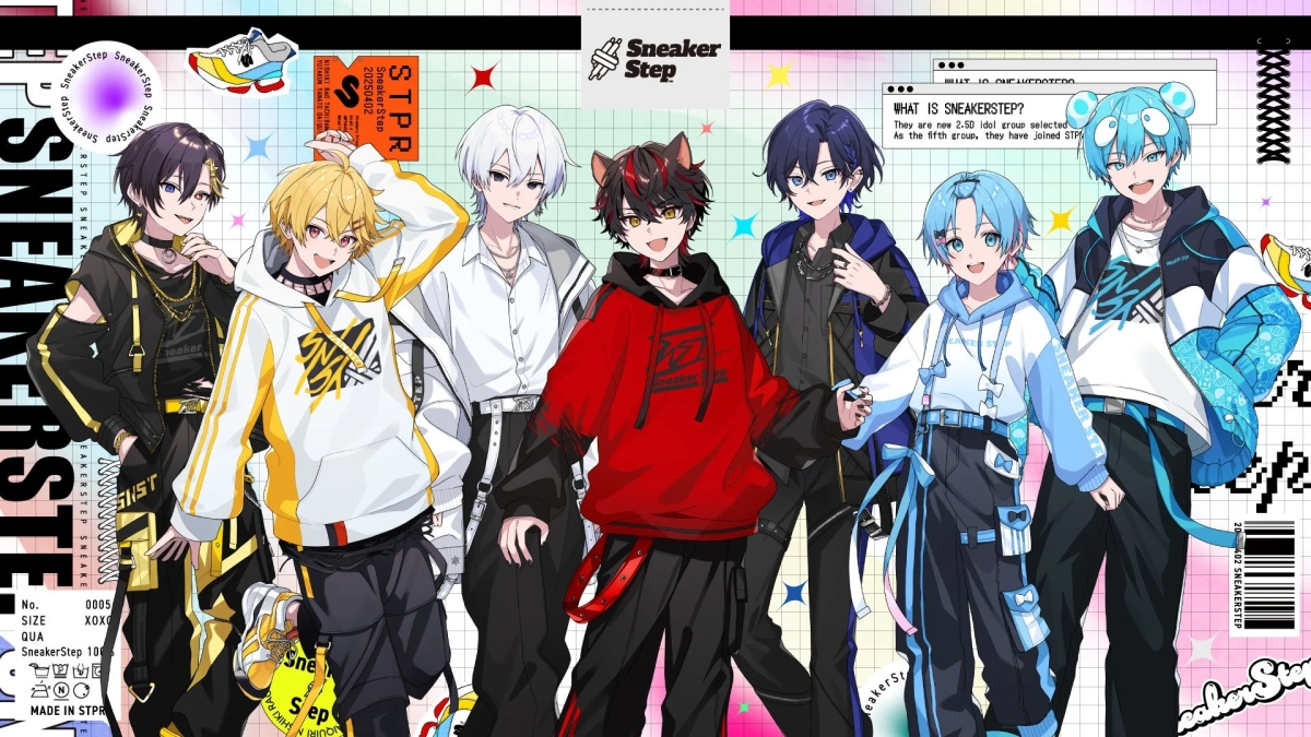 「SneakerStep」という2.5次元アイドルグループのメンバー7人が、ポップなストリートファッションでポーズをとるイラスト。