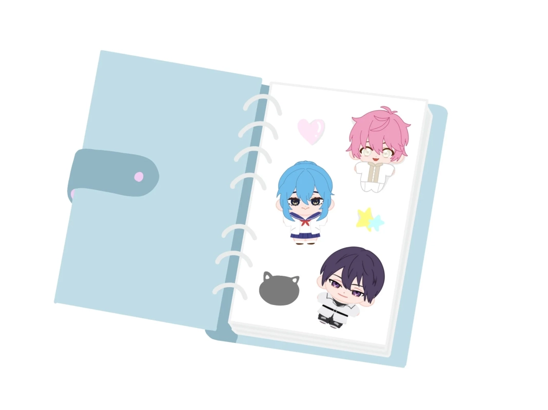 水色のバインダーが開かれており、中にはピンク、水色、濃い紫の髪をした3人のちびキャラのイラストが貼られています