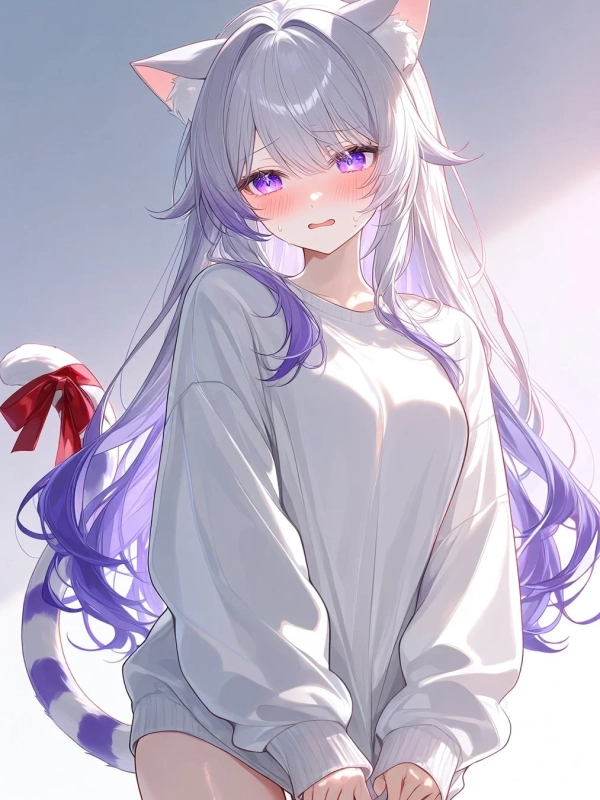 猫耳と猫のしっぽを持つ可愛らしいアニメ少女のイラスト。白いオーバーサイズのセーターを着用し、紫色の瞳と白と紫のロングヘアが特徴的。頬を赤らめ、はにかんだような表情を見せている。