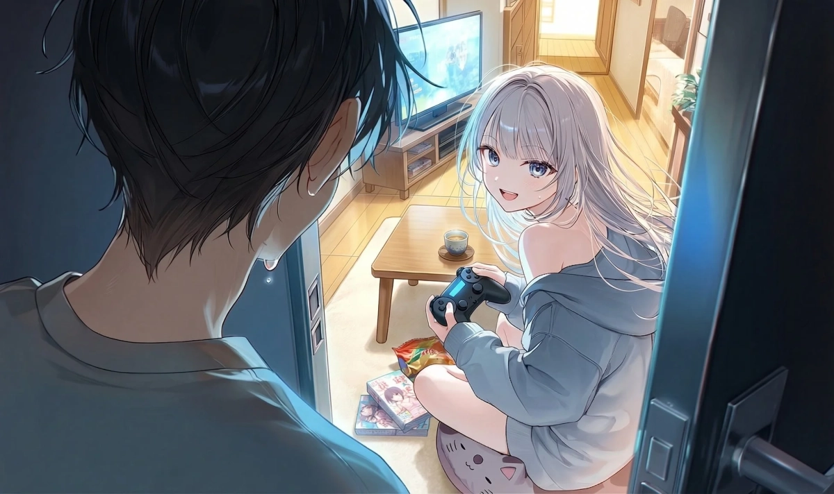 部屋の入り口から中を覗き込む男性の視点から、床に座って笑顔でテレビゲームを楽しむ女性が描かれたアニメ風イラスト。女性はコントローラーを手に持ち、リラックスした様子でこちらを向いています。