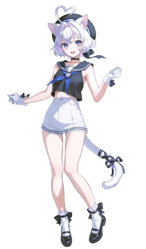 猫耳と尻尾を持つ白髪の少女が、セーラー服風の黒いクロップトップと白いショートパンツを着用し、笑顔でポーズをとっているデジタルイラストです。元気でキュートな印象を与えます。