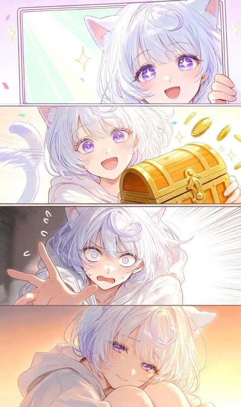 猫耳の白い髪の少女が、タブレットを見たり宝箱を手にして喜んだり、驚いて絶望したり、最後は悲しむまでの感情の移り変わりを描いたイラスト。ゲームのような仮想体験での喜怒哀楽を表現している。