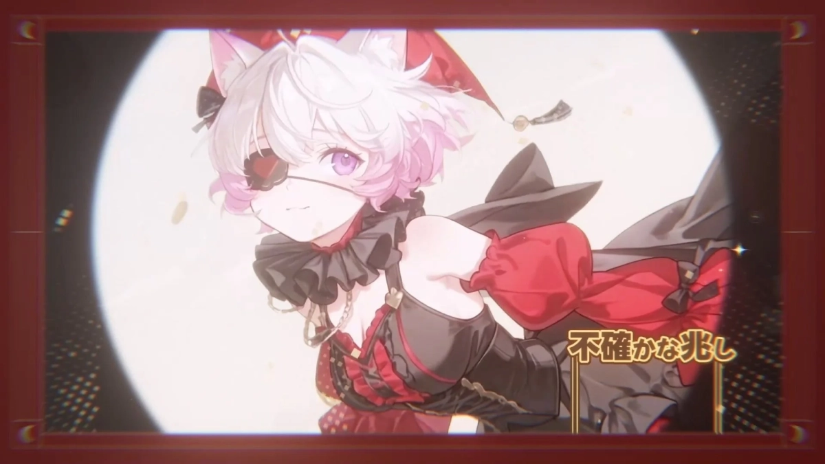 月とスポットライトを背景に、赤と黒のゴシック風衣装をまとったケモ耳の少女が描かれています。眼帯と紫色の髪が特徴的で、可愛らしくもミステリアスな雰囲気を持つイラストです。