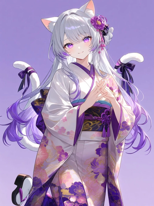 紫色の瞳と白髪、猫耳を持つアニメスタイルの女性キャラクターが描かれています。彼女は美しい花柄の白い着物を身につけ、優しく微笑んでいます。背景は淡い紫色で、全体的に可愛らしくも優雅な雰囲気を醸し出しています。