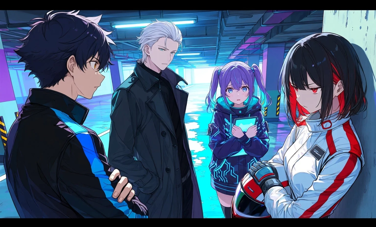 ネオンライトが光る未来的な地下駐車場に、個性豊かな4人のアニメキャラクターが集まっている。男性2人と女性2人が、それぞれ異なる衣装を身につけ、クールな雰囲気の中で会話を交わしているかのような情景が描かれている。