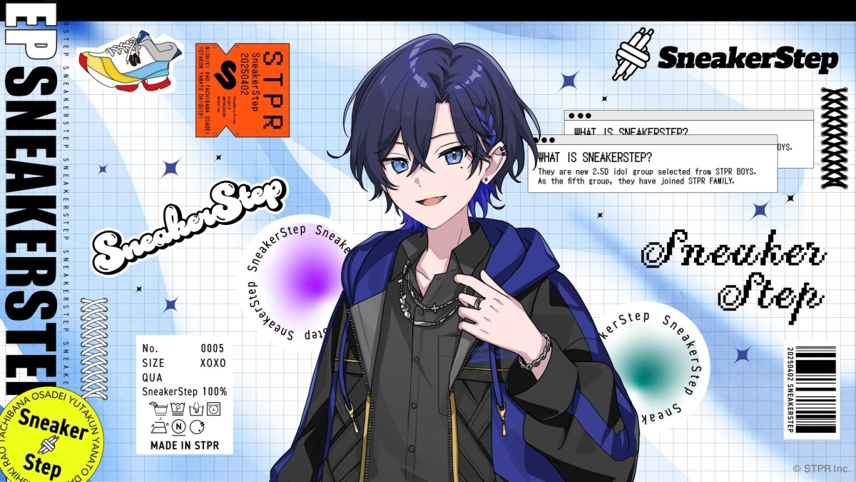 青い髪の男性キャラクター「SneakerStep」が描かれたデジタルアート。