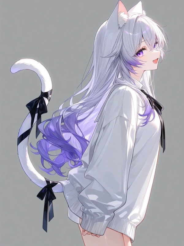白い猫耳と尻尾を持つ、白髪に紫のグラデーションがかかったロングヘアの少女が、白いオーバーサイズのセーターを着て微笑んでいる横顔のアニメイラストです。
