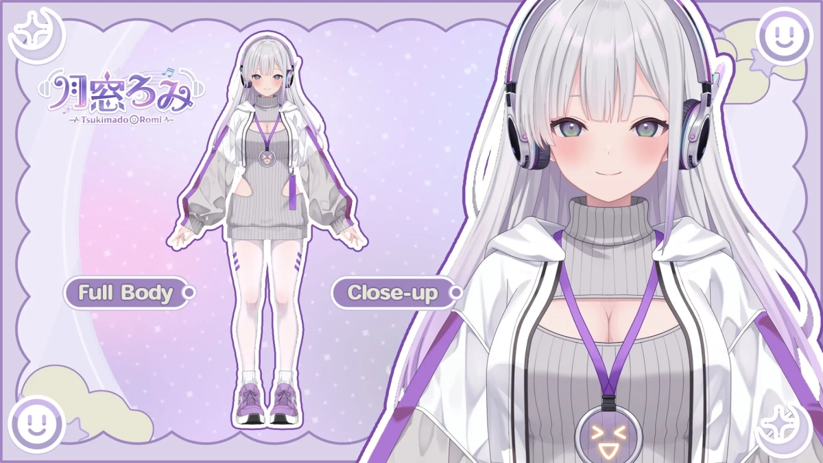 VTuber「月窓ろみ」の全身像と顔のクローズアップ