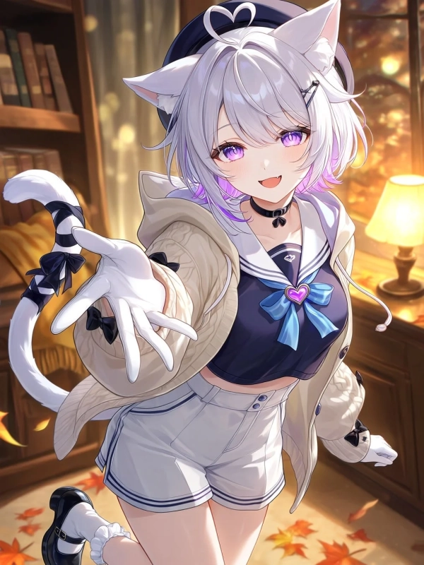 猫耳と白い髪を持つアニメスタイルの少女が、セーラー服とカーディガンを着て微笑みながら手を差し伸べている。暖色系の室内で、床には紅葉が散りばめられており、暖かく可愛らしい雰囲気を醸し出している。