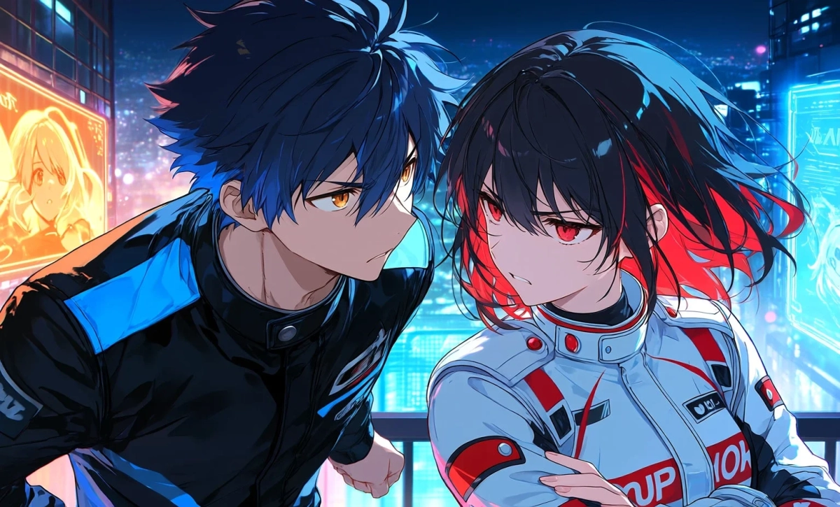 未来的な都市の夜景を背景に、青い髪の男性と赤と黒の髪の女性が真剣な表情で向かい合っているアニメイラスト。二人の間に緊張感が漂っている様子が描かれています。