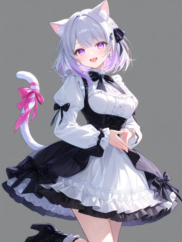 猫耳としっぽを持つアニメスタイルの少女が、フリルとリボンが特徴的な黒と白のメイド服を着て微笑んでいます。銀髪に紫のメッシュ、紫色の瞳が印象的です。
