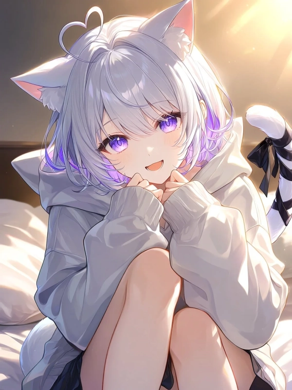 猫耳と尻尾を持つアニメスタイルの少女が、白いオーバーサイズのパーカーを着てベッドに座り、満面の笑みを浮かべているイラストです。紫色の瞳と髪のハイライトが特徴的で、暖かな光が差し込む中で可愛らしい雰囲気を醸し出しています。