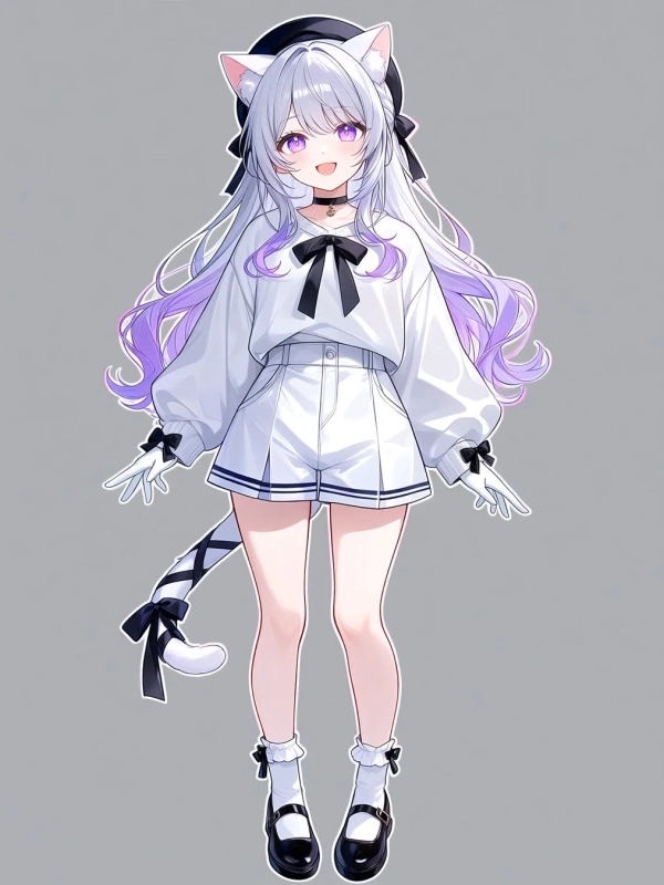 猫耳と尻尾を持つアニメ風の少女が全身で描かれています。白い服に黒いリボンをあしらった可愛らしい衣装を身につけ、白いロングヘアと紫色の瞳が特徴的です。