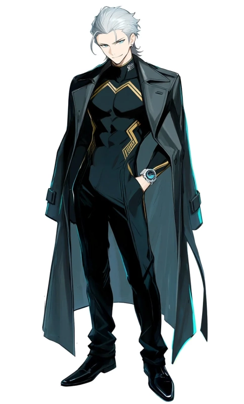 銀髪と青い瞳を持つ、クールな雰囲気のアニメ調の男性キャラクターが描かれています。彼は黒いロングコートを羽織り、金色のアクセントが入ったダークスーツを着用し、左手には腕時計をしています。自信に満ちた表情で立っています。