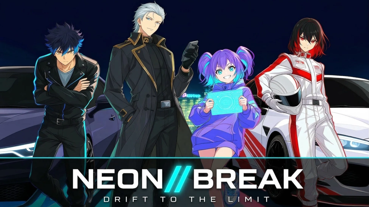 夜の街を背景に、4人のアニメスタイルのキャラクターと高級車が描かれたイラストです。レーシングスーツを着たキャラクターや、未来的なデバイスを持つキャラクターがおり、「NEON // BREAK DRIFT TO THE LIMIT」というテキストから、レーシングゲームのようなコンテンツを示唆しています。