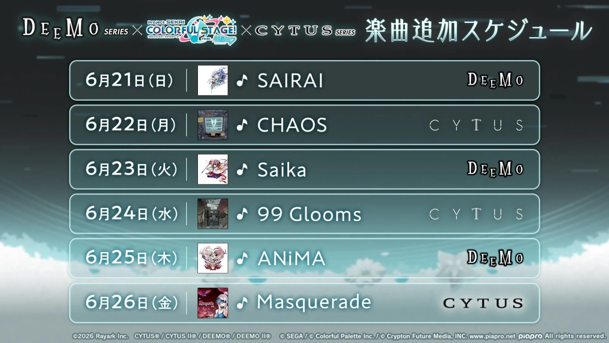 DEEMO Cytus 楽曲追加スケジュール