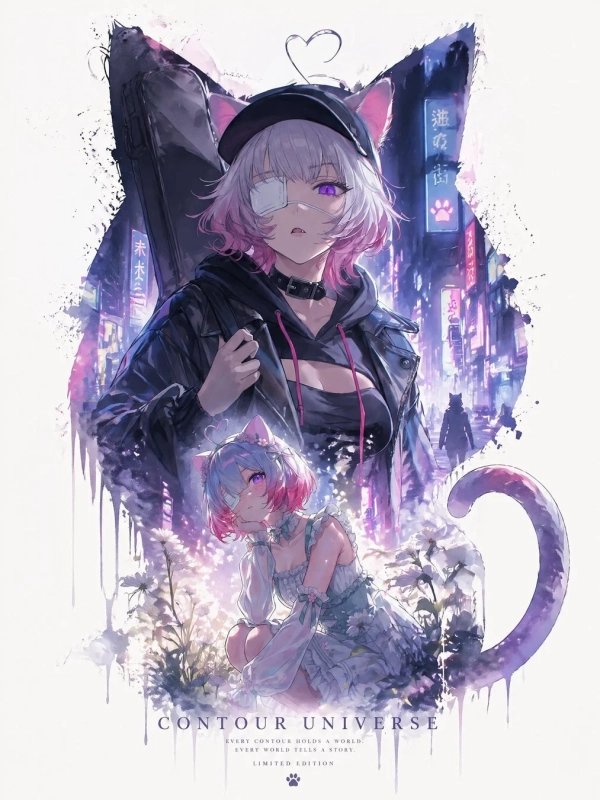 ネオン街と花畑の猫耳少女