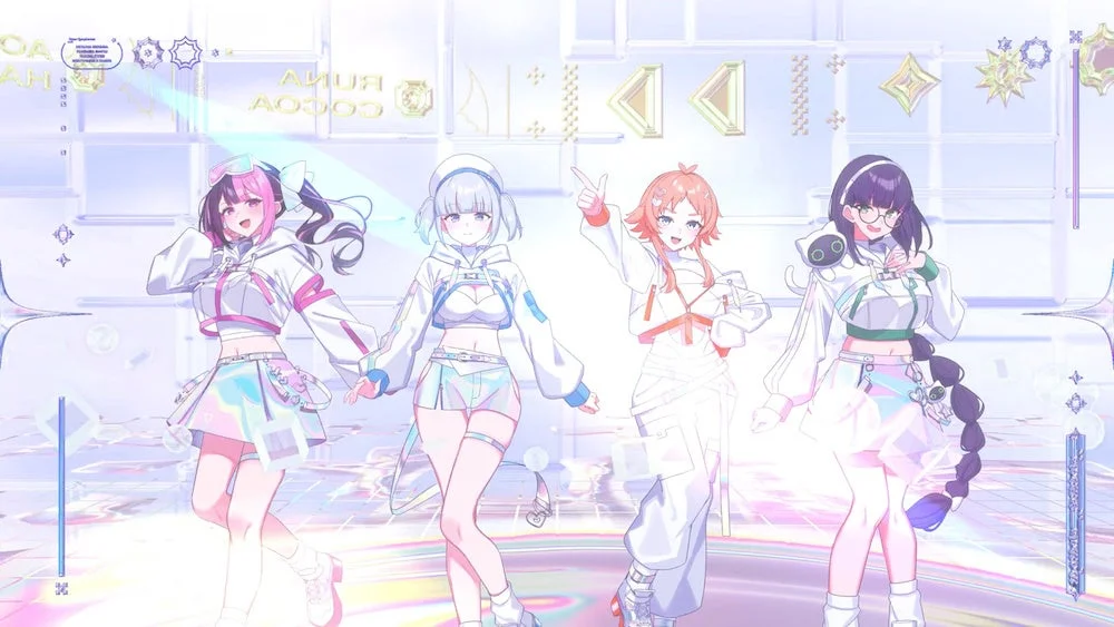 未来的な空間で楽しげにポーズをとる4人の少女たち