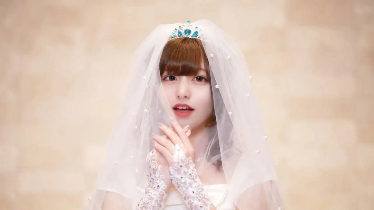 ウェディングドレスに身を包んだ女性のポートレートです。パール付きのベールと青いティアラを着用し、レースのグローブをはめた手を胸元で組んでいます。