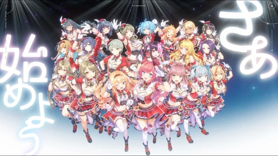 多数の個性豊かな美少女アイドルキャラクターが、赤と白の華やかな衣装を身につけ、きらめくステージに集合しています。