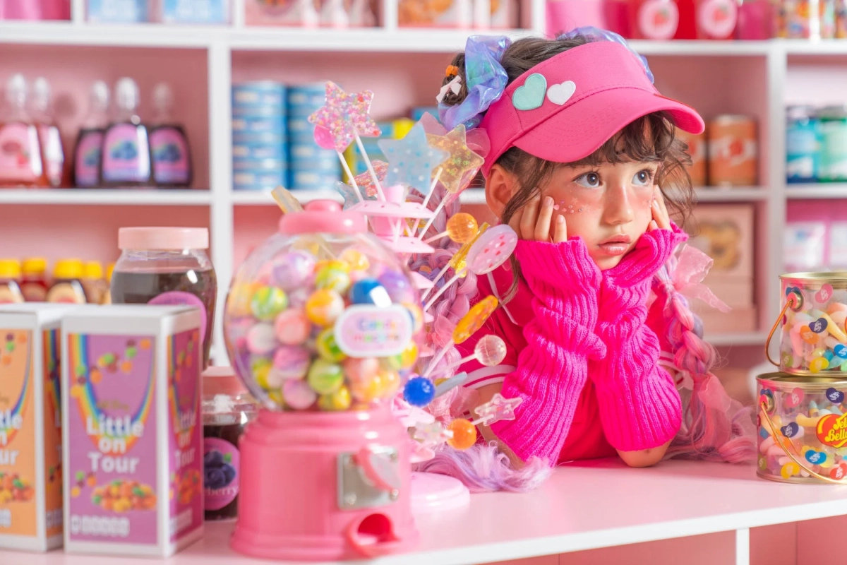 ピンクを基調としたキャンディストアで、鮮やかなピンクの服を着た女の子が、ガムボールマシンや様々なお菓子に囲まれ、物思いにふけっている。夢のように可愛らしい世界観が表現されている。