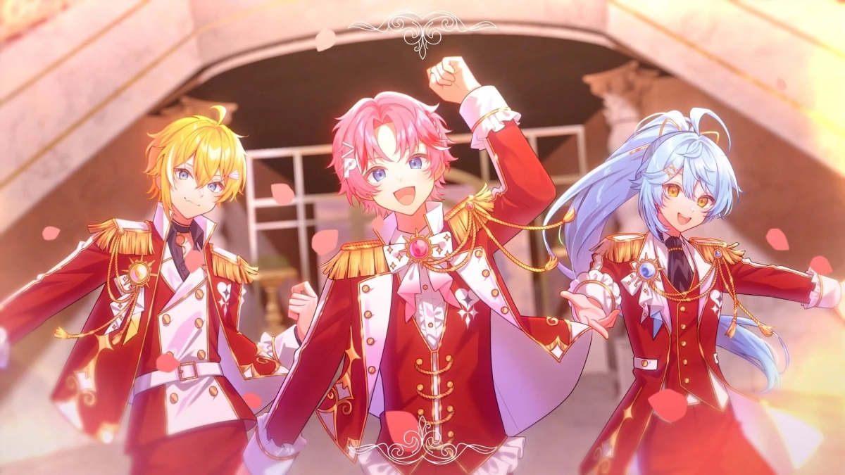 豪華な赤い軍服をまとった3人のアニメ風男性キャラクターが、舞い散る薔薇の花びらの中で笑顔でポーズをとっています。華やかな舞台でのパフォーマンスや祝祭の場面を思わせる一枚です。