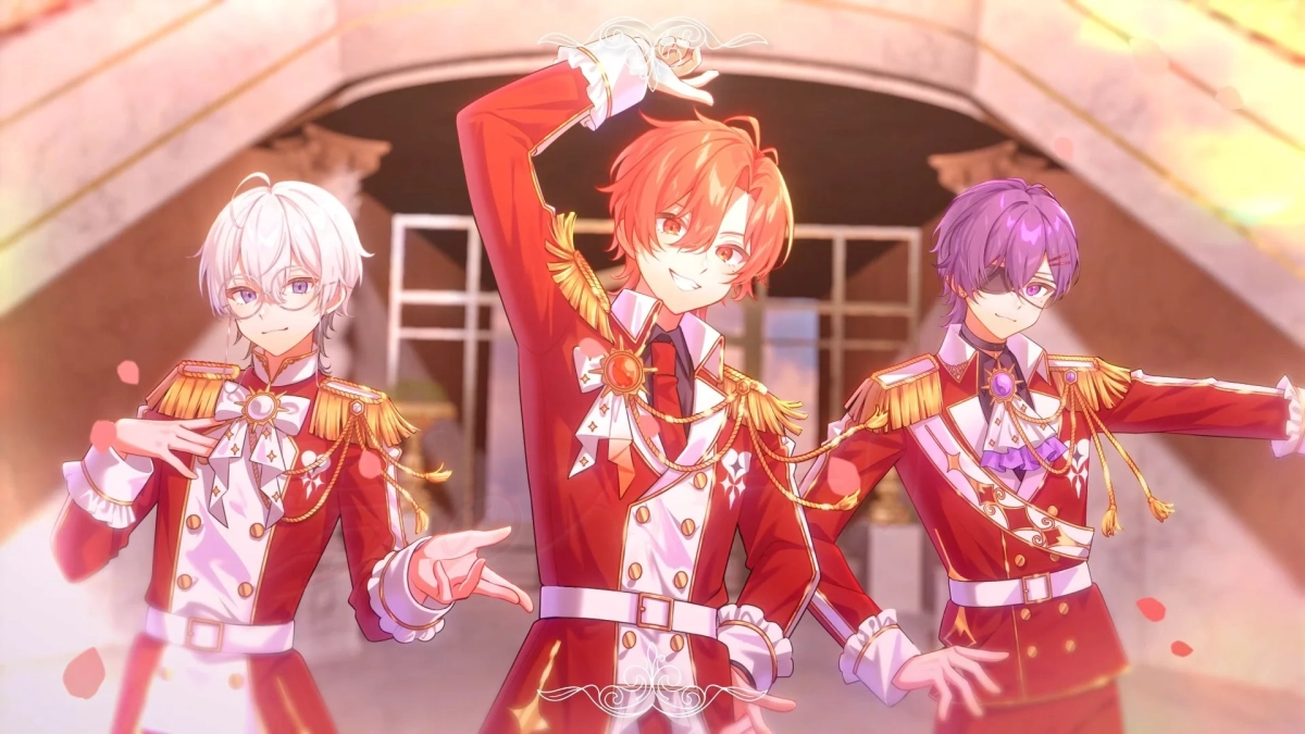 豪華な赤い軍服風衣装をまとった3人の男性アニメキャラクターが、優雅なポーズで舞台に立っている様子。背景にはロマンチックな建築物と舞い散るバラの花びらが描かれ、華やかな雰囲気を醸し出しています。