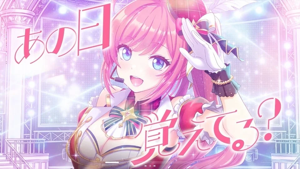 ピンクの髪のアイドル風の少女が、キラキラと輝くステージ上で笑顔を見せています。