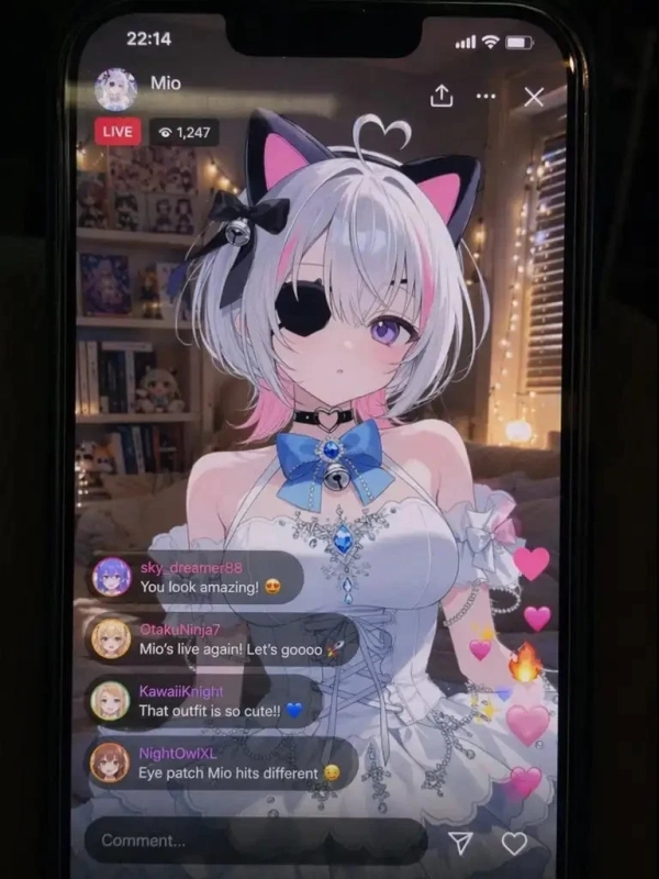 スマートフォン画面に映し出された、猫耳と眼帯が特徴的なバーチャルYouTuber「Mio」のライブ配信。視聴者からのコメントやリアクションが多数表示されており、Mioは白いドレスを着用している。