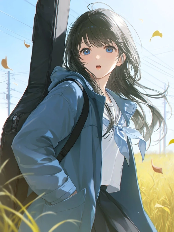 秋の野原に立つ、ギターケースを背負ったアニメ風の少女のイラスト。青い瞳と長い黒髪が特徴で、青い上着を羽織っている。夕暮れのような柔らかな光が差し込み、数枚の落ち葉が舞っている。