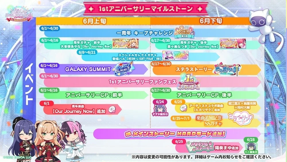 「STELLAR IDOL PROJECT」の1周年記念6月イベントスケジュール。