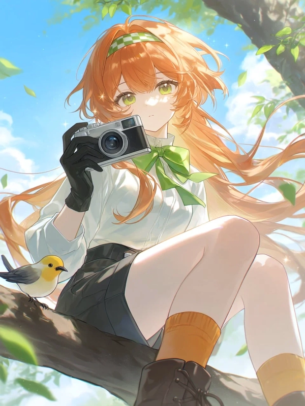 オレンジ色の髪と緑色の瞳を持つアニメ風の少女が、木の上でヴィンテージカメラを構えています。隣には小さな黄色い鳥が止まり、背景には青い空と緑の葉が広がっています。自然の中で楽しげに過ごす様子が描かれた、明るく穏やかな一枚です。
