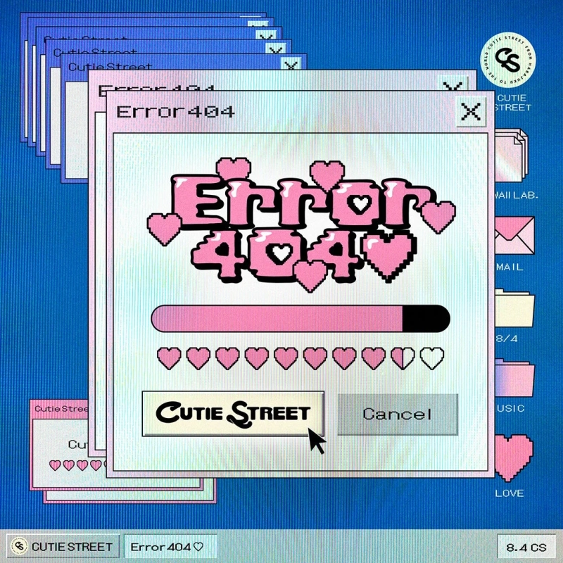 レトロなWindows風のデスクトップ画面に、ピンク色のピクセルアートで「Error 404」と書かれたポップアップウィンドウが複数表示されています。ハートのモチーフやプログレスバーが見られ、全体的にかわいらしい雰囲気で「Cutie Street」というブランド名も確認できます。