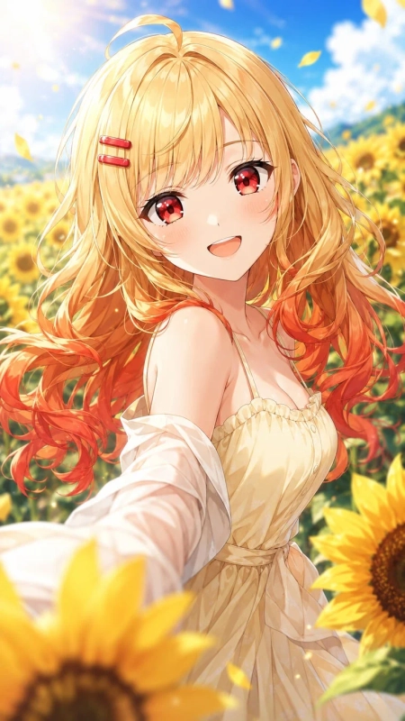 ひまわり畑で笑顔を見せる金髪の少女