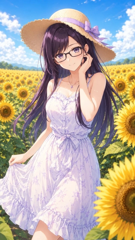 ひまわり畑で微笑む眼鏡の黒髪ロングの少女