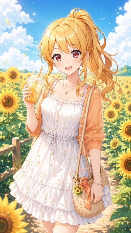 ひまわり畑でドリンクを持つ金髪の少女