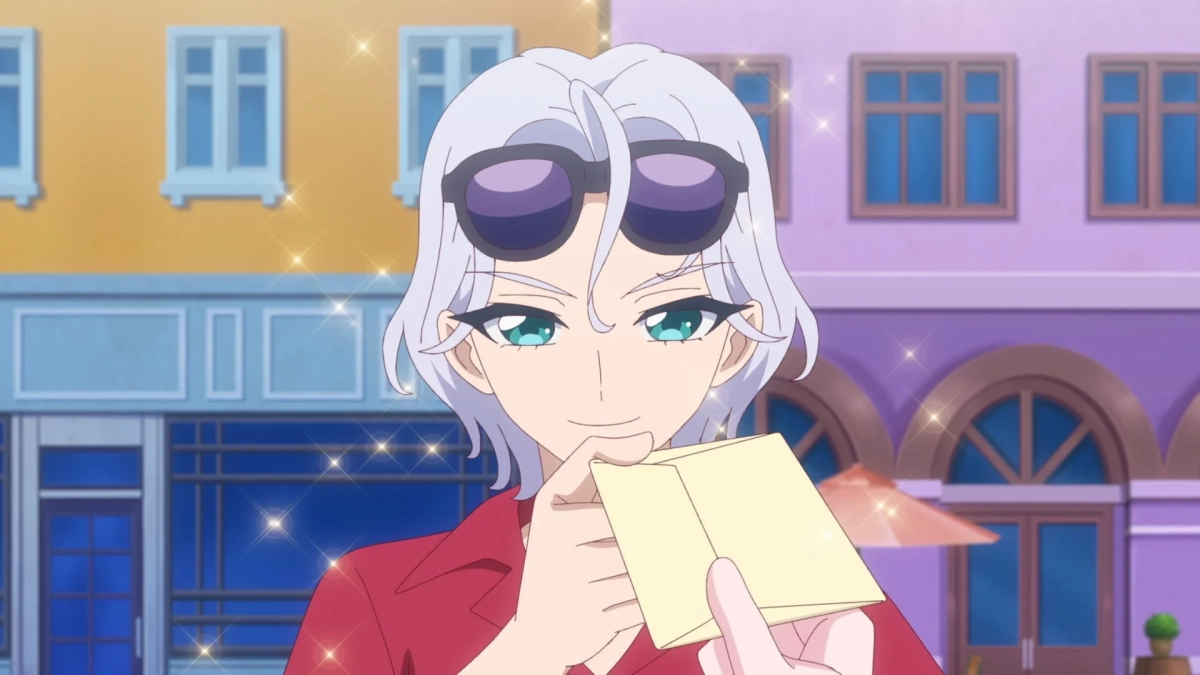 銀髪の男性アニメキャラクターが、サングラスを頭に乗せ赤いシャツを着て、何か黄色いものを差し出しているシーン。背景にはカラフルな街並みが広がり、全体的にキラキラとしたエフェクトが施され、魅力的な雰囲気を醸し出しています。