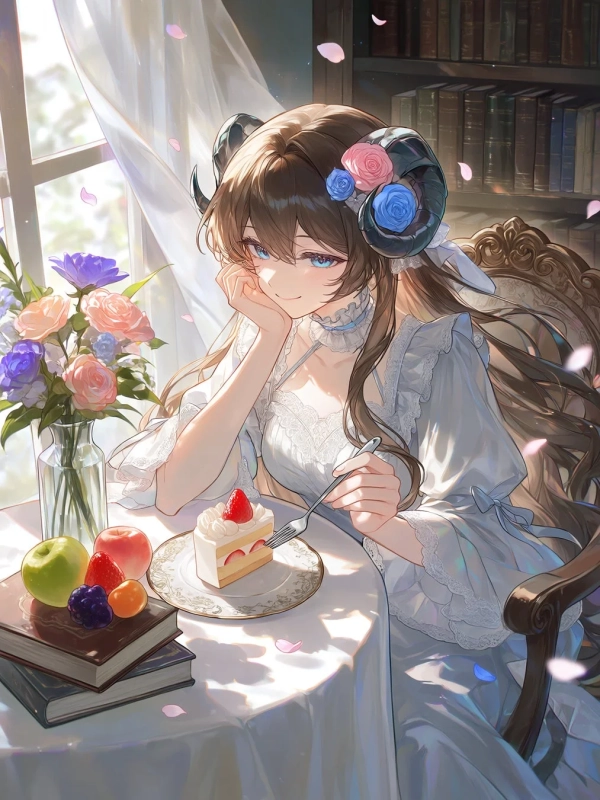 窓から光が差し込む部屋で、角とバラの飾りをつけた少女が白いドレスを着て、いちごのショートケーキを前に微笑んでいます。花束や果物、果物、本が置かれ、優雅で幻想的なティータイムの様子が描かれています。