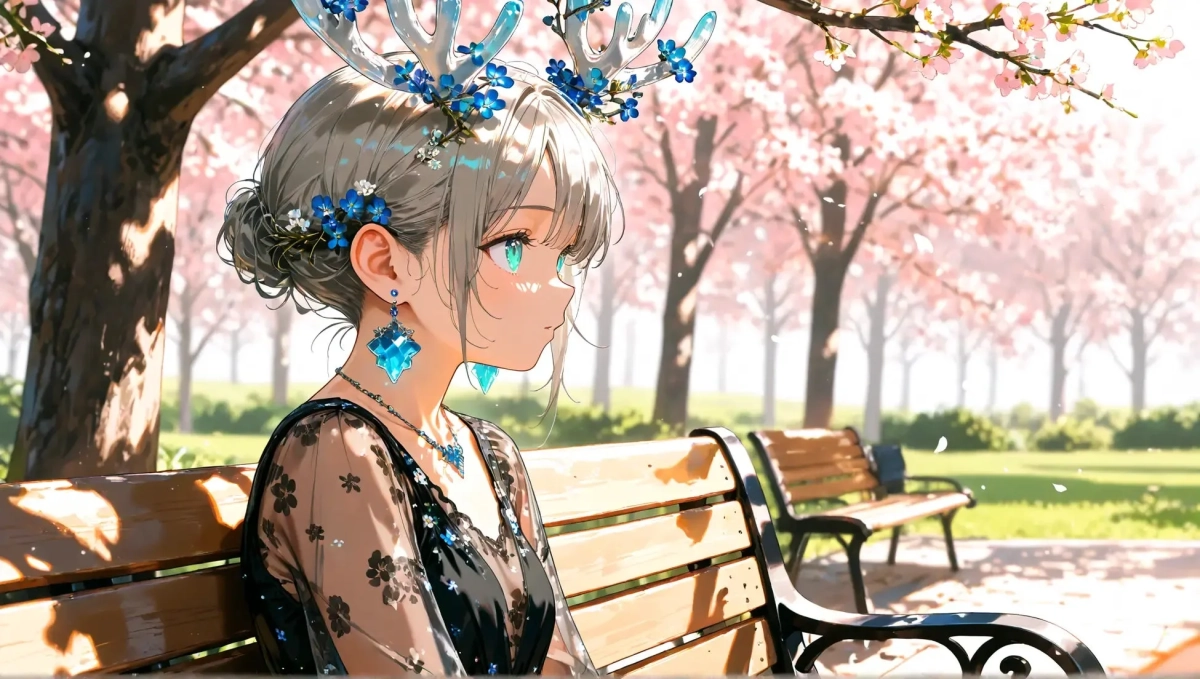 桜が満開の公園のベンチに座る、角飾りと青い花で飾られた髪のアニメスタイルの少女のイラスト。彼女は透明感のある青いイヤリングとネックレスを身につけ、静かに遠くを見つめている。